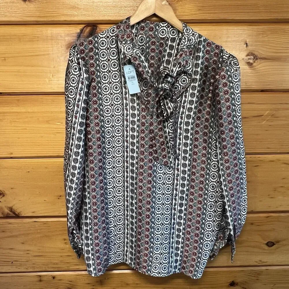 Loft Womens Tied Tie Front V Neck Long Sleeve Blouse Multicolor Size XL NEW